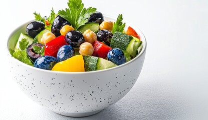 Colorful Vegetable and Chickpea Salad in White Bowl
