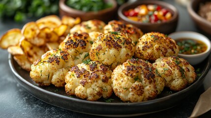 Fototapeta premium Roasted cauliflower steaks with potato chips and sauce.