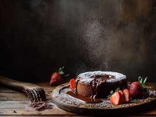A decadent chocolate lava cake on a rustic wooden table. Featuring indulgence and rich flavors