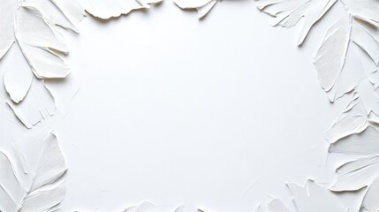 White textured leaves forming a decorative frame on a clean white background, and elegant minimalist design for creative projects.