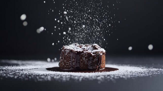 A decadent chocolate lava cake with molten center and powdered sugar. Featuring indulgence and luxury