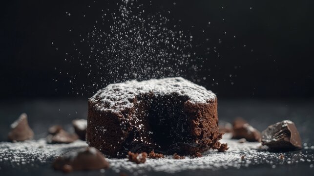 A decadent chocolate lava cake with molten center and powdered sugar. Featuring indulgence and luxury