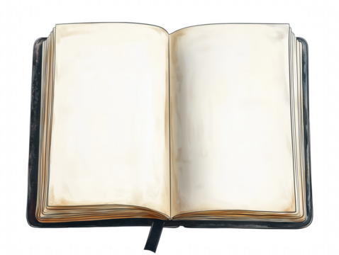 Open vintage book with blank pages and black ribbon bookmark on transparent background