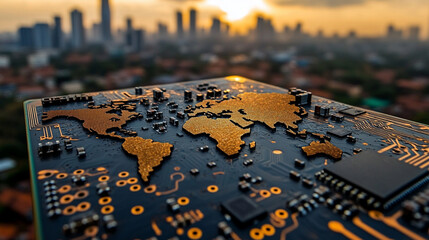 Naklejka premium A circular global map etched on a microchip symbolizes the interconnectedness of global semiconductor trade, representing modern technology, globalization, and digital communication.