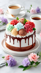 Delicious ice cream cake decorated with colorful carnations and chocolate drizzle, served with coffee