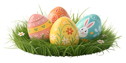 painted Easter eggs with green wheatgrass for placing products in front of a transparent background