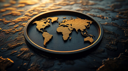 
A circular global map etched on a microchip symbolizes the interconnectedness of global semiconductor trade, representing modern technology, globalization, and digital communication.

