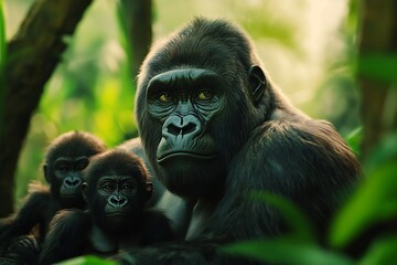 Obraz premium Cinematic portrait of a gorilla family in the jungle natural lighting high detail 8k resolution proportionate anatomy