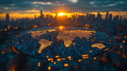 
A circular global map etched on a microchip symbolizes the interconnectedness of global semiconductor trade, representing modern technology, globalization, and digital communication.

