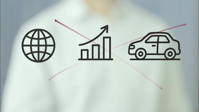 Businessman draws globe, graph, and car icons on a transparent screen, then crosses them out, symbolizing import export tariffs and trade restrictions