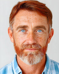 Portrait of a middle-aged man with red hair and beard, blue eyes, and freckles