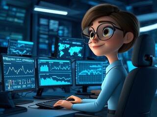 Animated analyst inputs data watching screens in dark office environment showing analytics