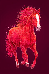 Vibrant red horse with flowing mane, running against a dark background