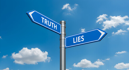 Fototapeta premium Truth Versus Lies Directional Signpost Against Bright Blue Sky With White Clouds Represents Decision Making
