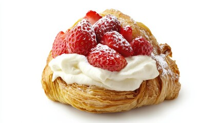 A delicate pastry filled with cream and topped with fresh strawberries. Featuring sweetness and elegance