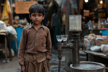Poor Indian boy collecting drinking water - clean water crisis and orphan issue