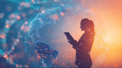 Fototapeta premium Global connectivity, a woman working remotely