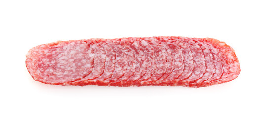 Slices of tasty smoked sausage on white background