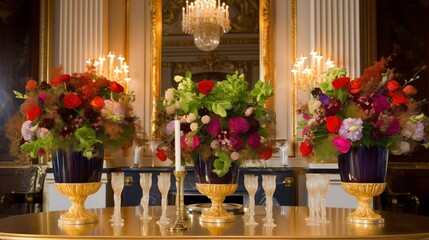 Three opulent red flower arrangements in gold urns sit on a gold table with crystal glasses Perfect for event planning and luxury interior design