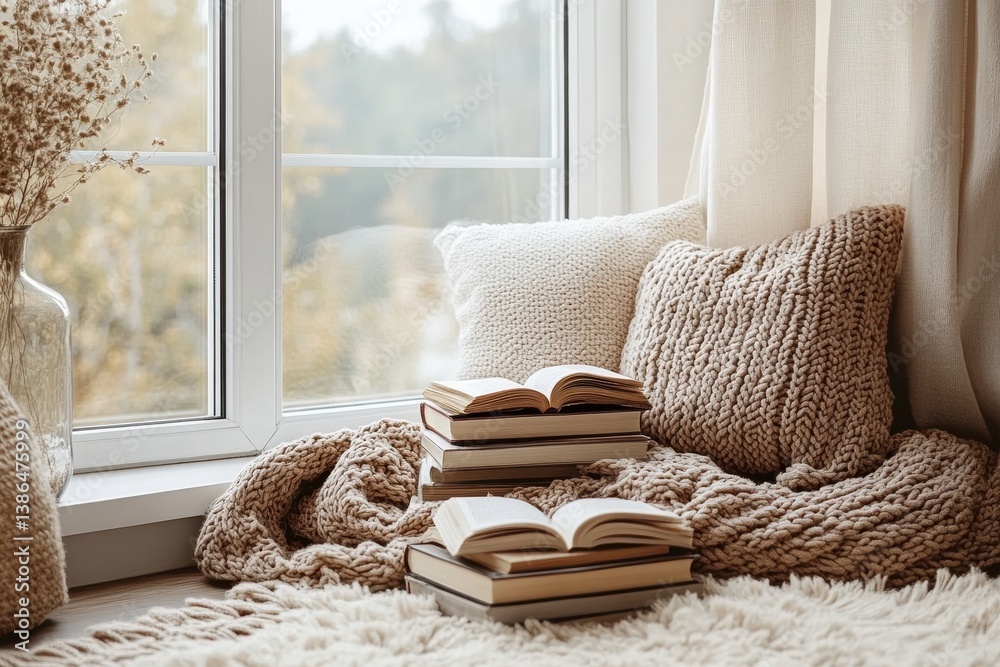 Poster cozy reading nook in a sunny corner with soft cushions and books surrounded by autumn leaves outside