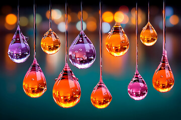 Colorful hanging glass drops reflecting city lights at night