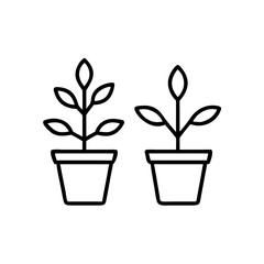 Obraz premium Two potted young trees in black line icon, growth and sustainability concept