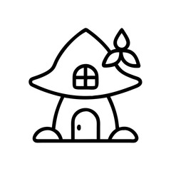 Miniature fairy house drawing, black and white, whimsical fantasy dwelling