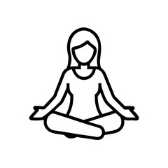 Female yoga instructor in lotus pose, outline icon for wellness