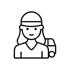 Obraz premium Female truck driver in cap with backpack, outline icon on white
