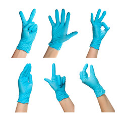 People wearing medical glove isolated on white, set