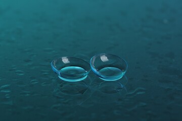 Pair of contact lenses and water drops on teal mirror surface, closeup