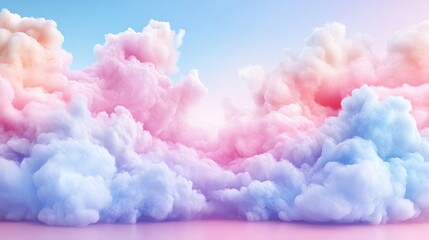 Pastel cloudscape. Soft, fluffy clouds in vibrant pastel hues of pink, blue, and peach fill the sky, creating a dreamlike atmosphere