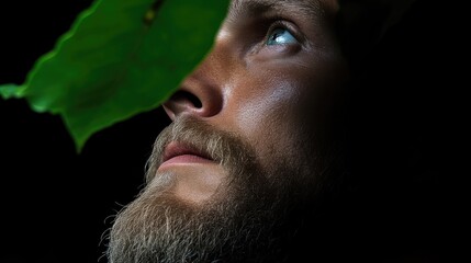 Obraz premium Close-up portrait of a man, looking upward, with a leaf partially obscuring his face