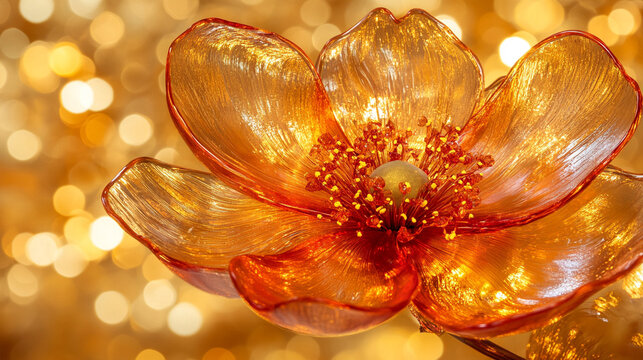 Close-up of the translucent Diphylleia grayi flower with glass-like petals reflecting light, set against a glowing gold silver white blur, symbolizing fragility and transformation, space for caption.
