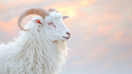 Fototapeta premium Angora goat with long white fur and curved horns stands facing forward against a clean modern background, symbolizing purity, resilience, natural luxury, and ancient strength in a contemporary world. 