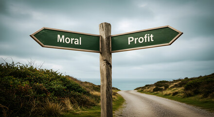 Fototapeta premium Moral Versus Profit Directional Sign on Rural Crossroads with Blue Sky