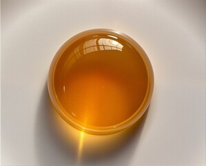 A glossy, amber liquid sits in a clear dish, reflecting light and showcasing a smooth surface with subtle highlights.