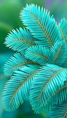 Vibrant teal palm fronds against a blurred green background