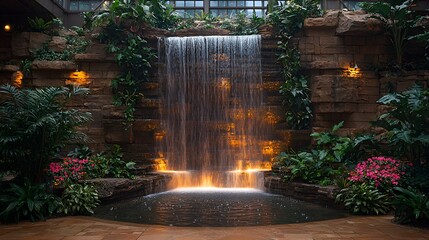 Indoor waterfall with lush tropical plants.