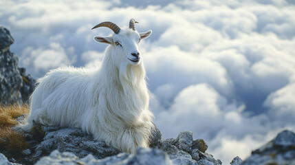 Angora goat with long white fur and curved horns stands facing forward against a clean modern background, symbolizing purity, resilience, natural luxury, and ancient strength in a contemporary world.
