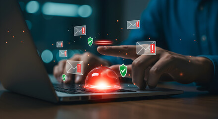 Man Typing on Laptop Surrounded by Glowing Email Icons in a Modern Digital Environment Against Dark Background