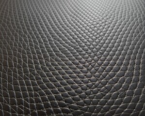 A close-up of textured black leather, showcasing a geometric pattern with fine lines and a smooth surface, ideal for design or fashion applications.