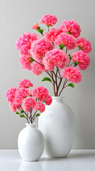 Obraz premium Pink flowers in white vases