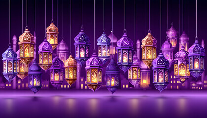 Obraz premium Illuminated lanterns hang over a city at night