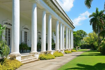 Beautiful white colonnade building with lush green foliage on display