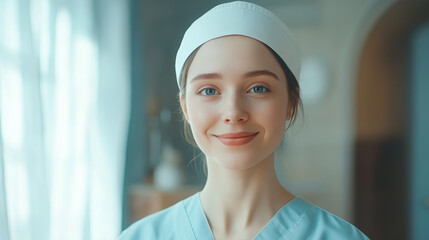 Young nurse with warm expression, soft light, blurred medical background, conveying care and professionalism.