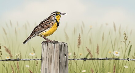 Meadowlark Perched on Rustic Fence Post in Sunny Meadow Hand-drawn Illustration