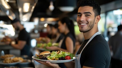 Happy worker serving food in a busy restaurant kitchen