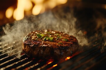 A detailed close-up of a sizzling steak on a grill with flames and smoke. Featuring texture and bold flavors