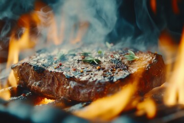 A detailed close-up of a sizzling steak on a grill with flames and smoke. Featuring texture and bold flavors